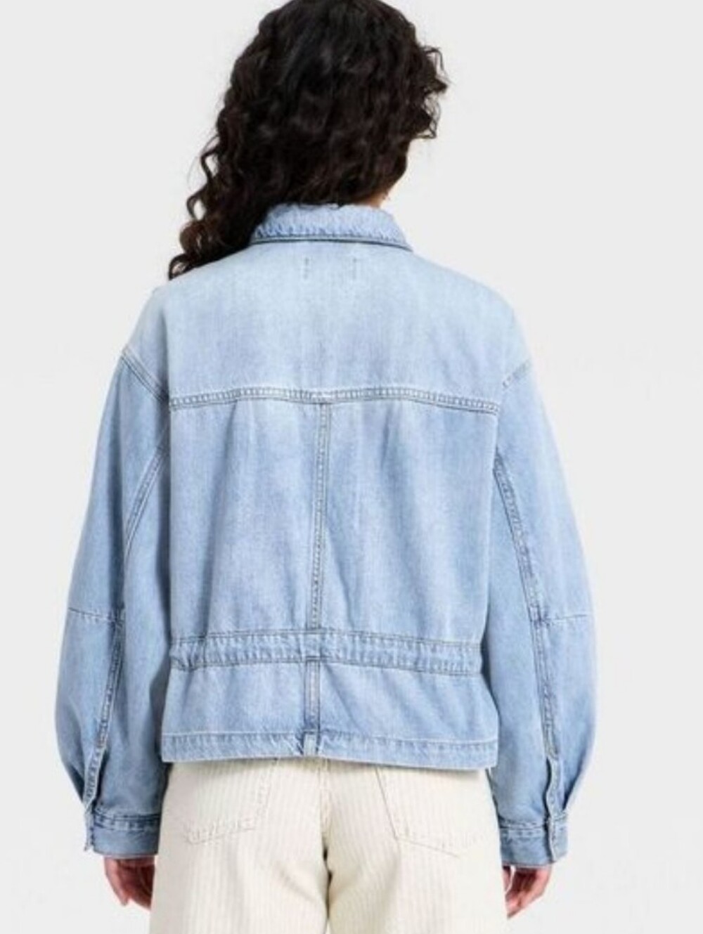 Universal Thread Light Wash Denim Drawstring Cinch Waist Stand Up Collar Jacket - Picture 2 of 6